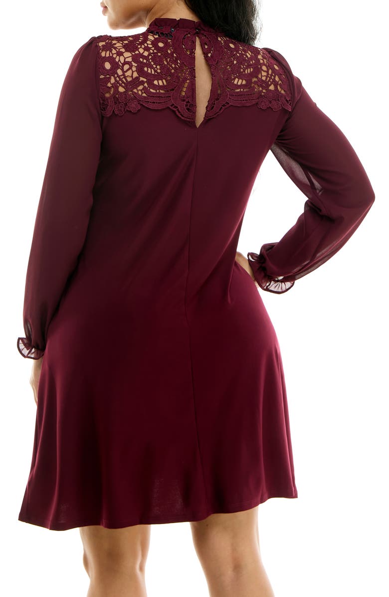 Nina Leonard Lace Yoke Long Sleeve Trapeze Dress, Alternate, color, Deep Wine