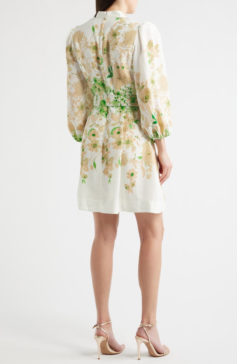 Tahari ASL Border Print Belted Long Sleeve Dress, Alternate, color, Ivory Fern