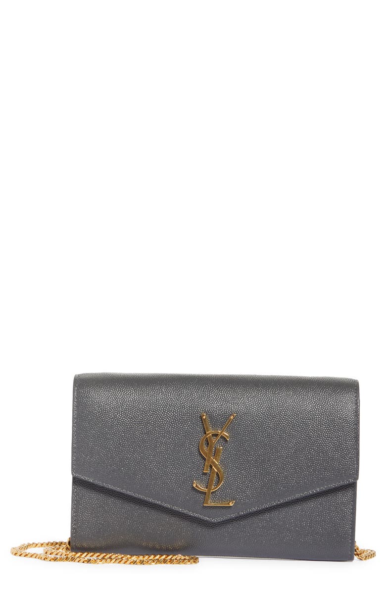 Saint Laurent Uptown Pebbled Calfskin Leather Wallet on a Chain, Main, color, 