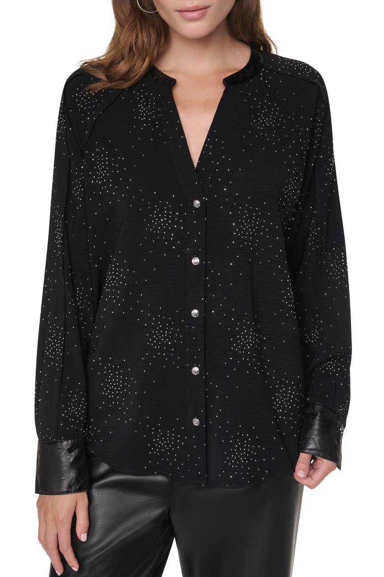 Firework Embellished Shirt with Faux Leather Cuffs, Main, color, BLACK