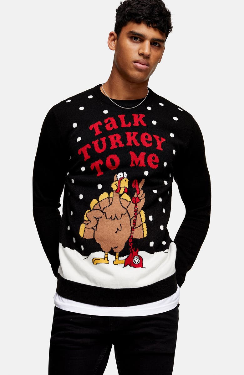Topman Christmas Talk Turkey Crewneck Sweater, Alternate, color, 