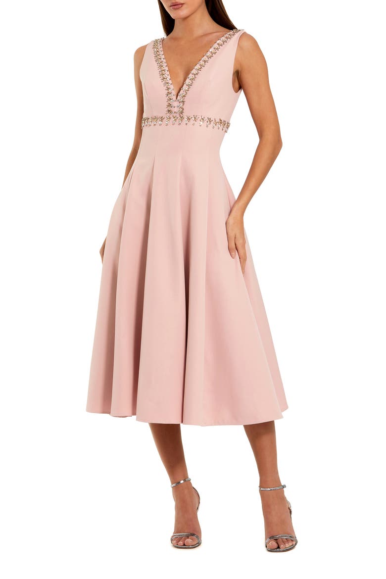 Rhinestone Embellished Crepe A Line Midi Dress, Main, color, Dusty Rose