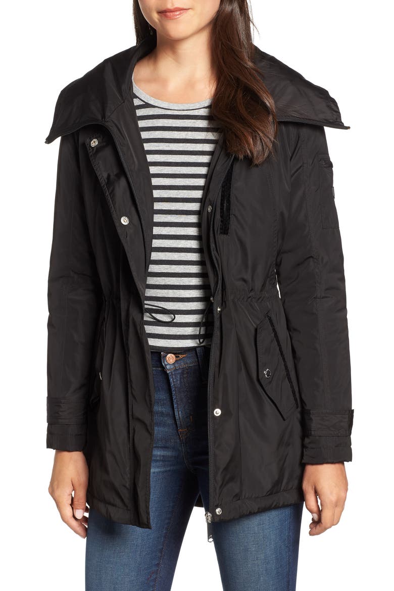 Velvet Trim Rain Parka, Main, color, BLACK