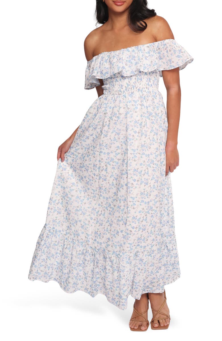 Petal & Pup Priscilla Off the Shoulder Cotton Maxi Sundress, Main, color, Blue Floral