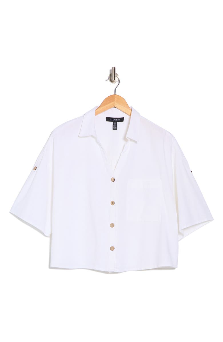 Ellen Tracy Boxy Short Sleeve Crop Button-Up Shirt, Alternate, color, White