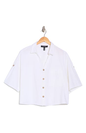 Ellen Tracy Boxy Short Sleeve Crop Button-up Shirt In White