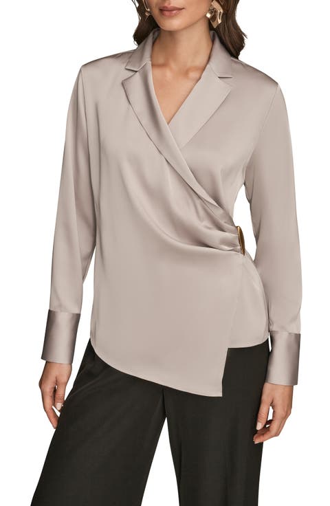 Pleated Wrap Front Silk Top