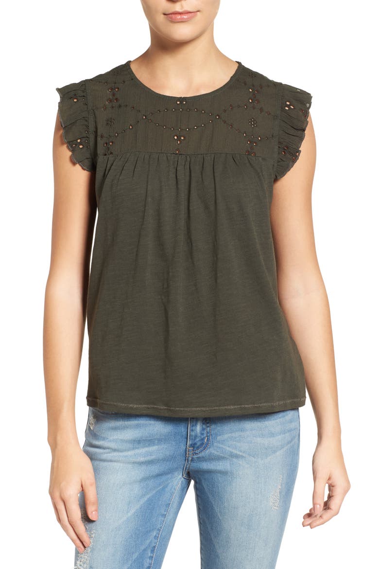 Eyelet Embroidered Flutter Sleeve Top, Main, color, OLIVE TUSCAN