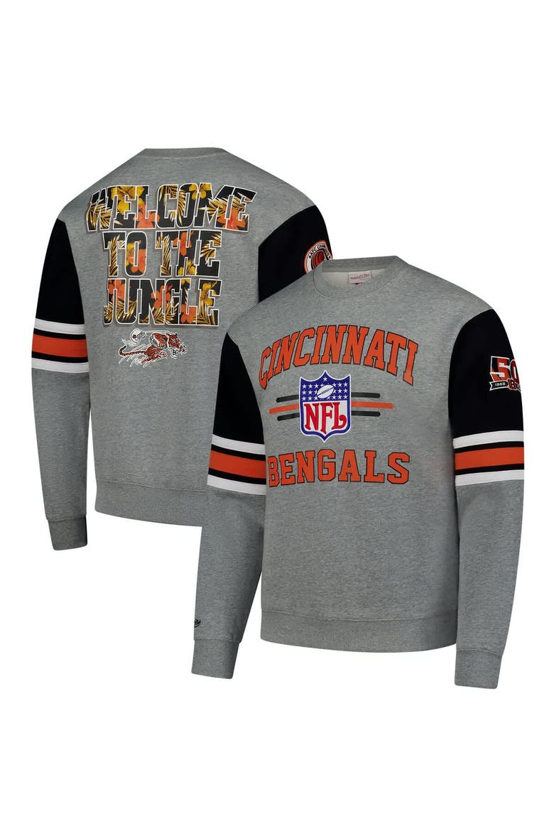 Men's Mitchell & Ness Heather Gray Cincinnati Bengals All Over 4.0 Vintage Logo Pullover Sweatshirt, Main, color, Heather Gray