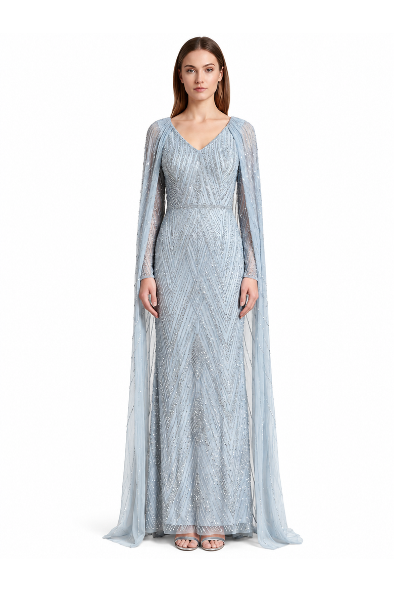 V-Neck Beaded Dress with Long Cape, Alternate, color, SkyBlue