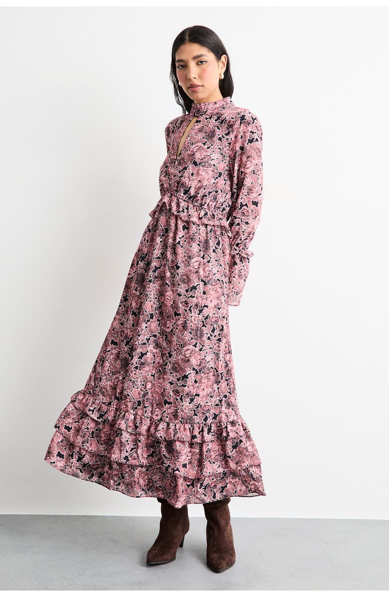 Warehouse Chiffon Shirred High Neck Midi Dress, Main, color, Chocolate