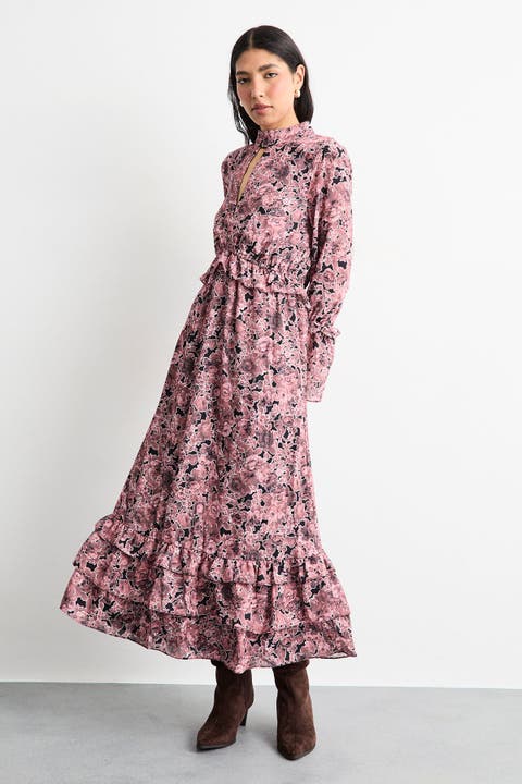 Chiffon Shirred High Neck Midi Dress