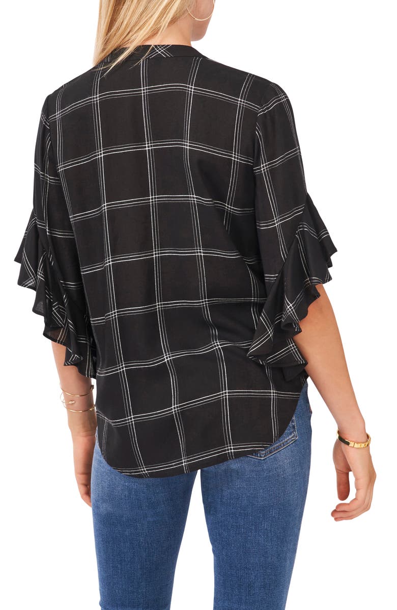 Vince Camuto Windowpane Ruffle Sleeve Popover Top, Alternate, color, Rich Black