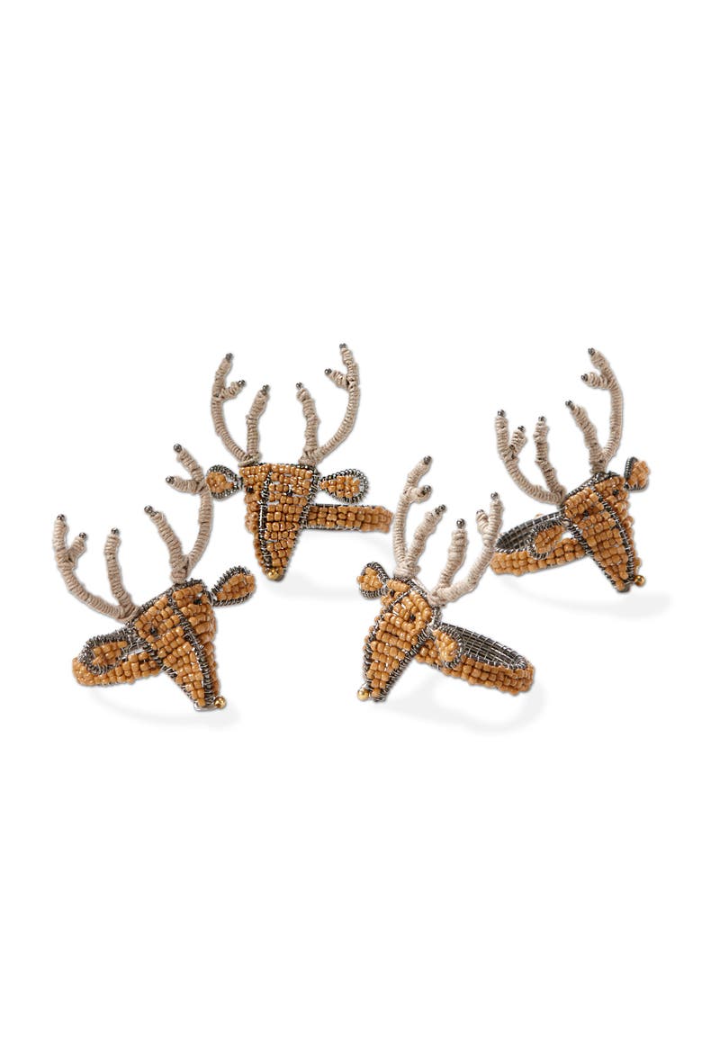 Reindeer Wood Beaded Napkin Ring Set of Four Rustic Decor, Main, color, Brown