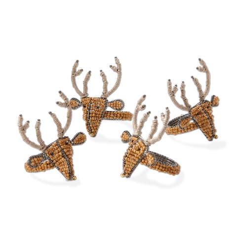 Reindeer Wood Beaded Napkin Ring Set of Four Rustic Decor
