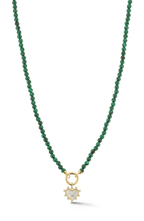 14K Yellow Gold Mother-of-Pearl Heart Charm Beaded Necklace