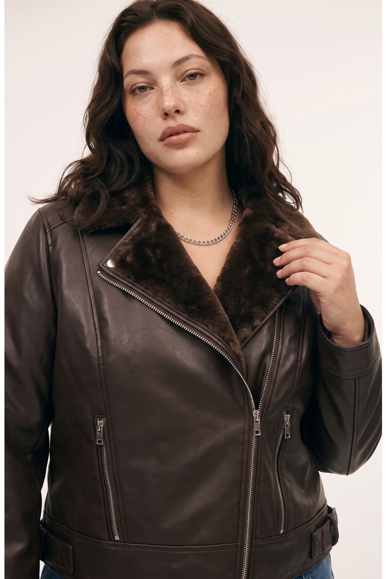 Faux Leather Jacket with Faux Fur Trim, Alternate, color, CHOCOLATE TORTE