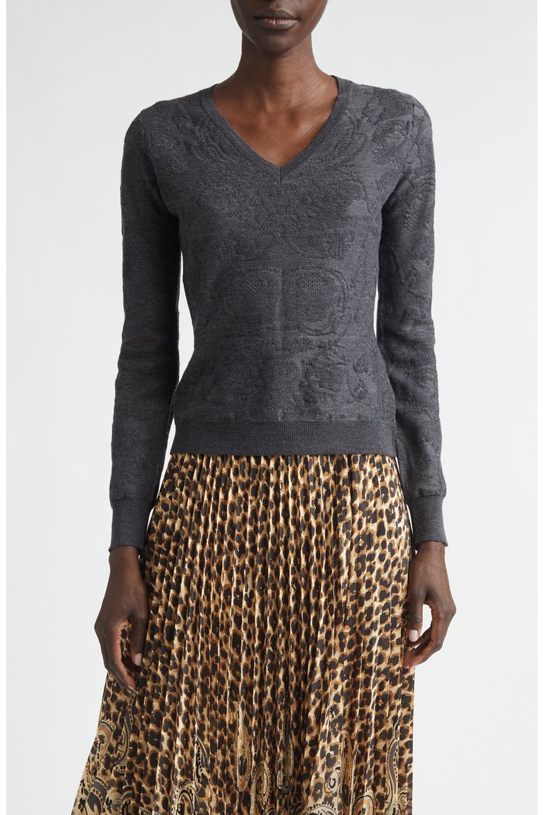 Paisley Jacquard Wool Blend V-Neck Sweater, Main, color, GREY MELANGE