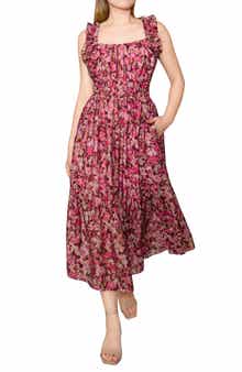 Shirred Waist Floral Midi Dress