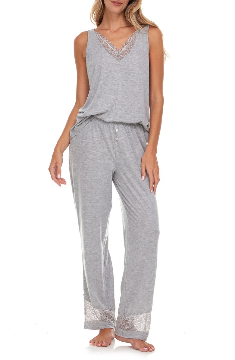Flora By Flora Nikrooz Franny Lace Trim Tank & Pants Pajamas, Main, color, Heather Gray