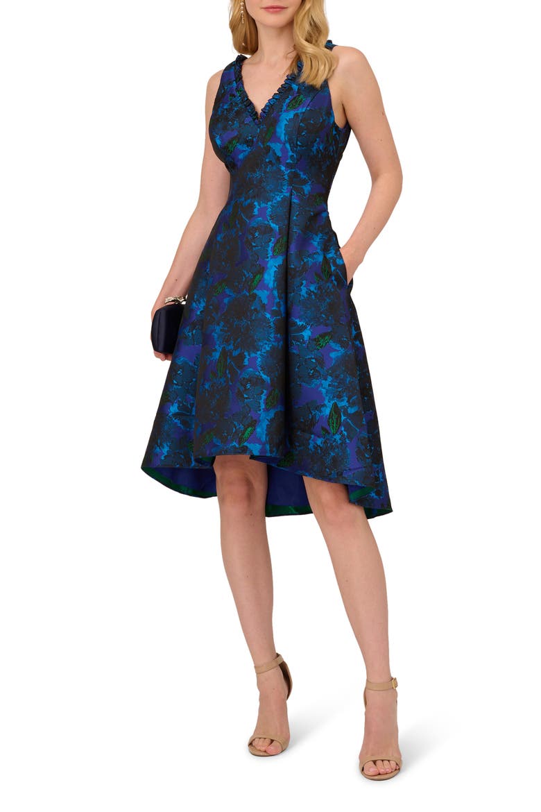 Floral Jacquard High-Low Fit & Flare Dress, Alternate, color, BLUE MULTI