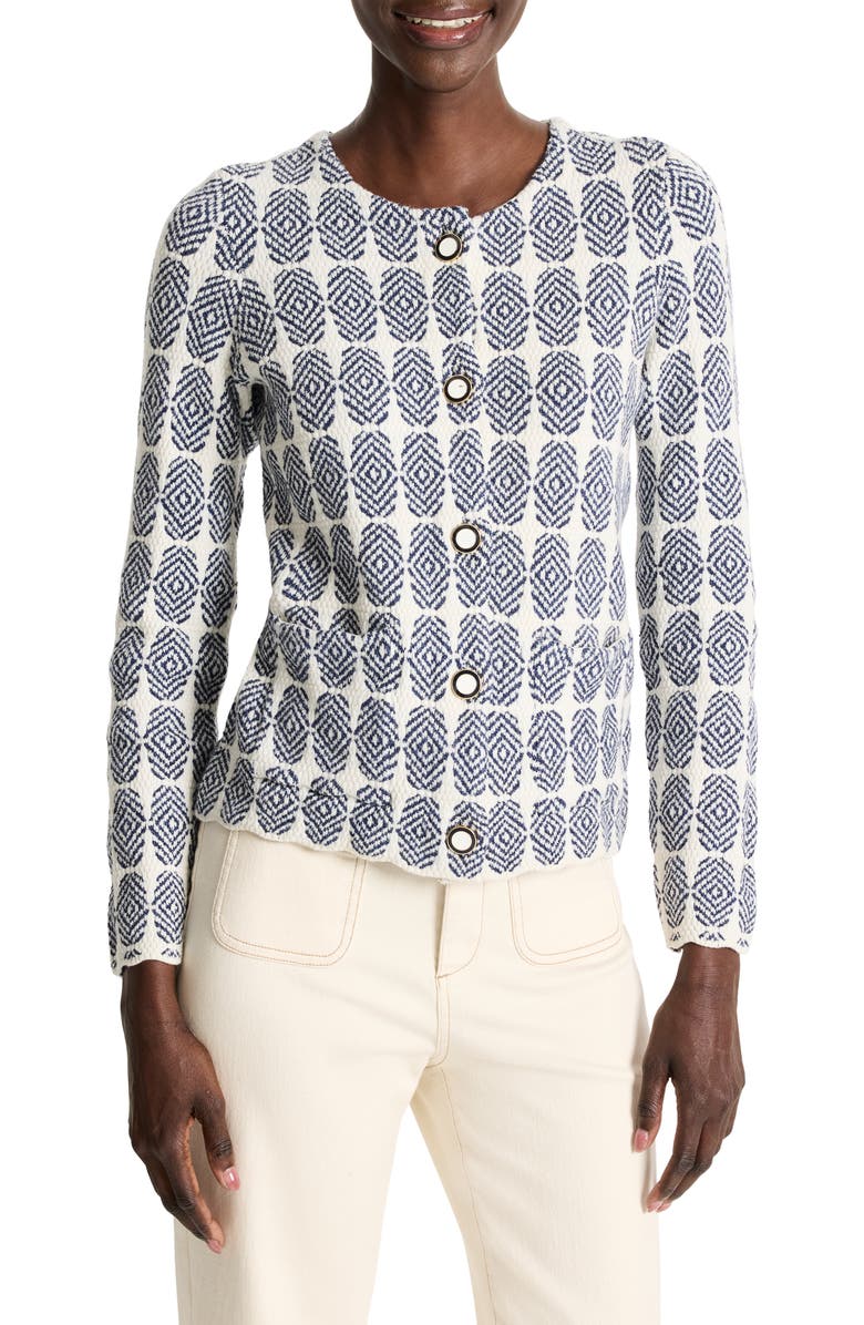 NIC+ZOE Stacked Medallions Cotton Blend Knit Jacket, Main, color, Indigo Multi