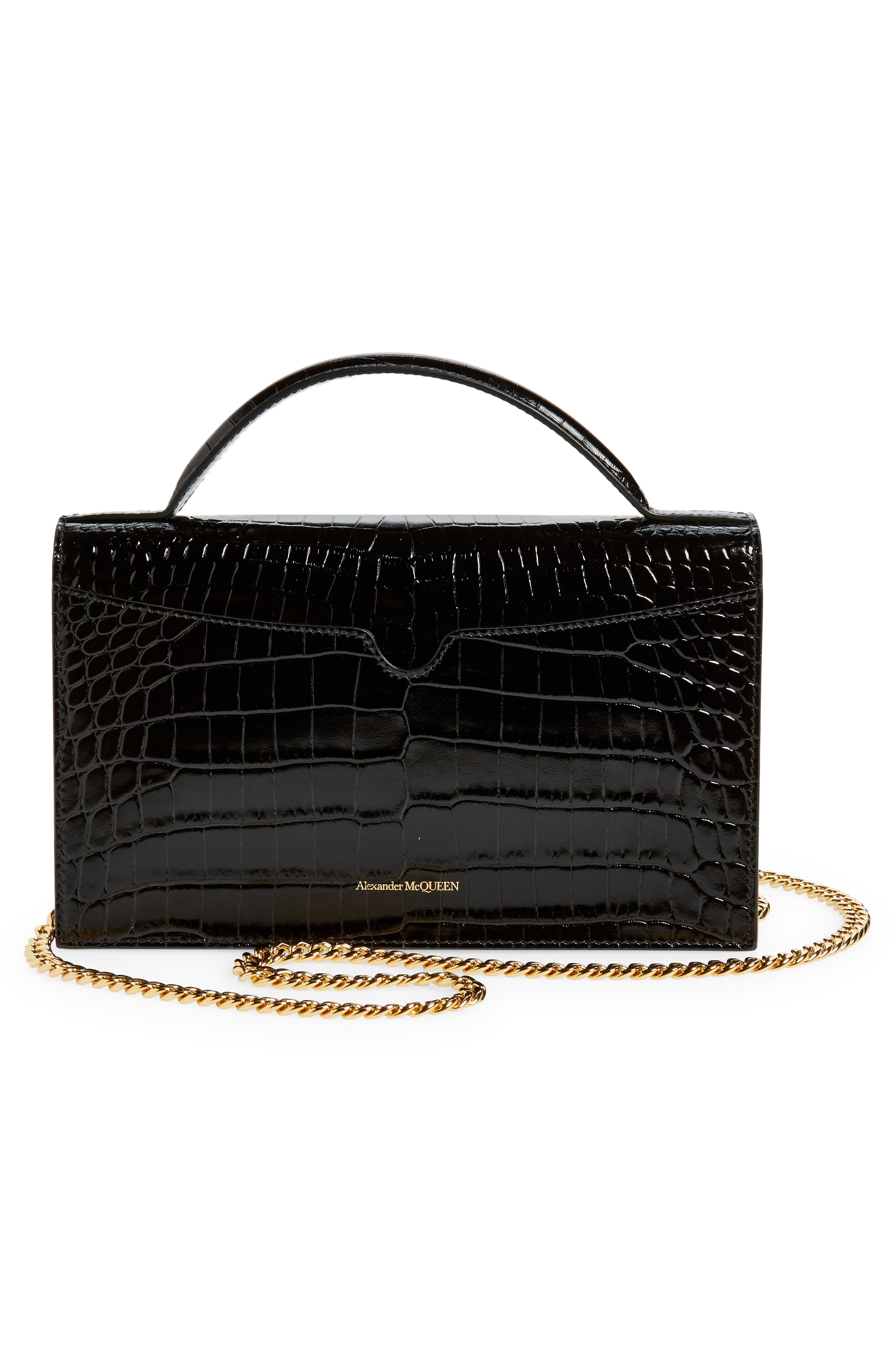 McQueen Medium Skull Croc Embossed Leather Crossbody Bag, Alternate, color, 1000 Black