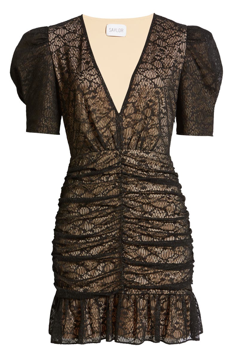 Saylor Reena Ruched Lace Cocktail Minidress, Alternate, color, 