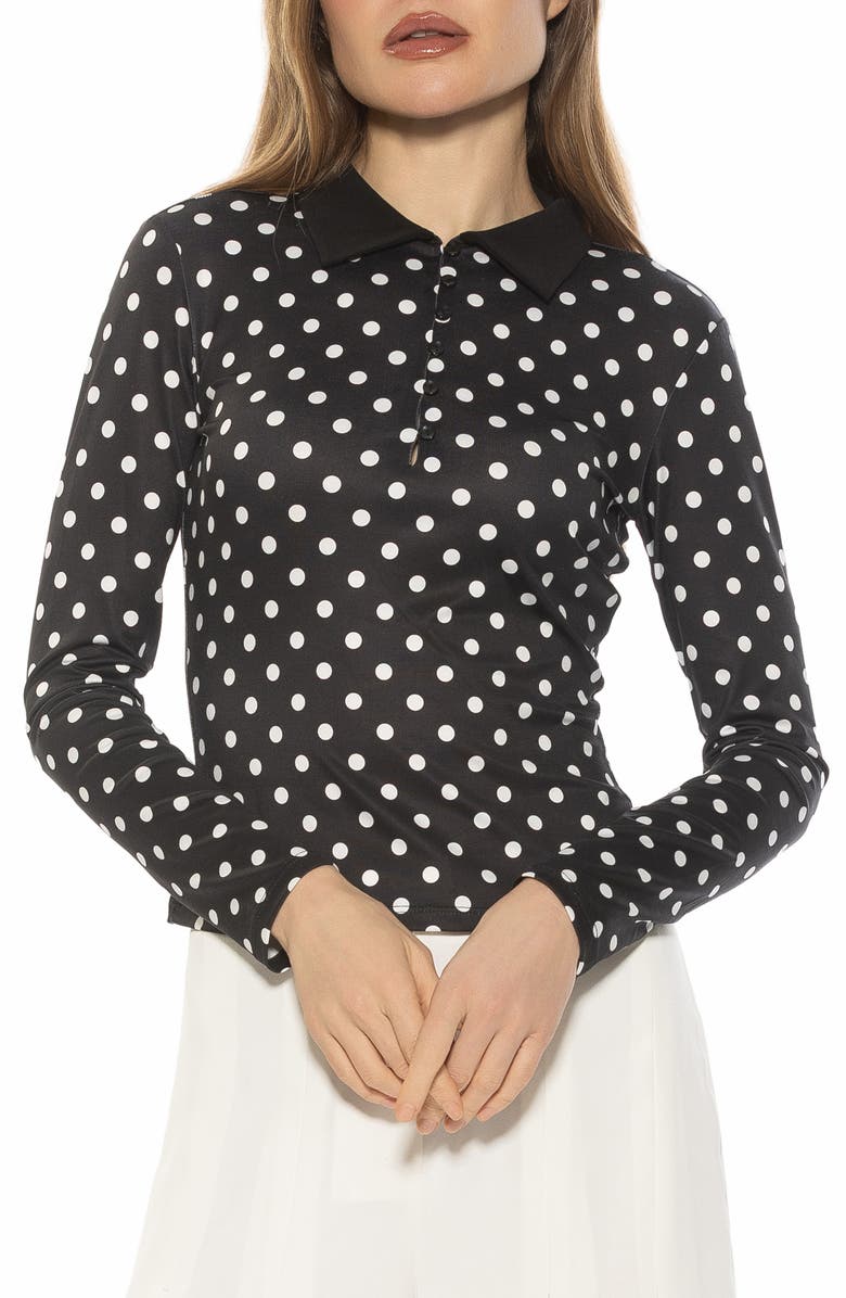 Alexia Admor Marlo Long Sleeve Polo, Main, color, Black Polka