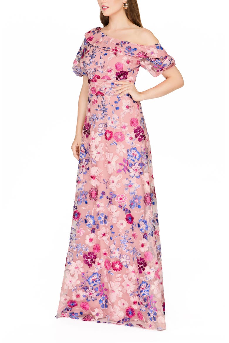 Marigold Embroidered One-Shoulder Puff Sleeve Gown, Alternate, color, ROSE MULTI