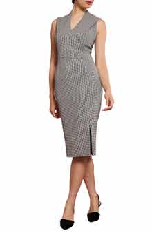 London Times Gingham Pleated Shoulder Sheath Dress