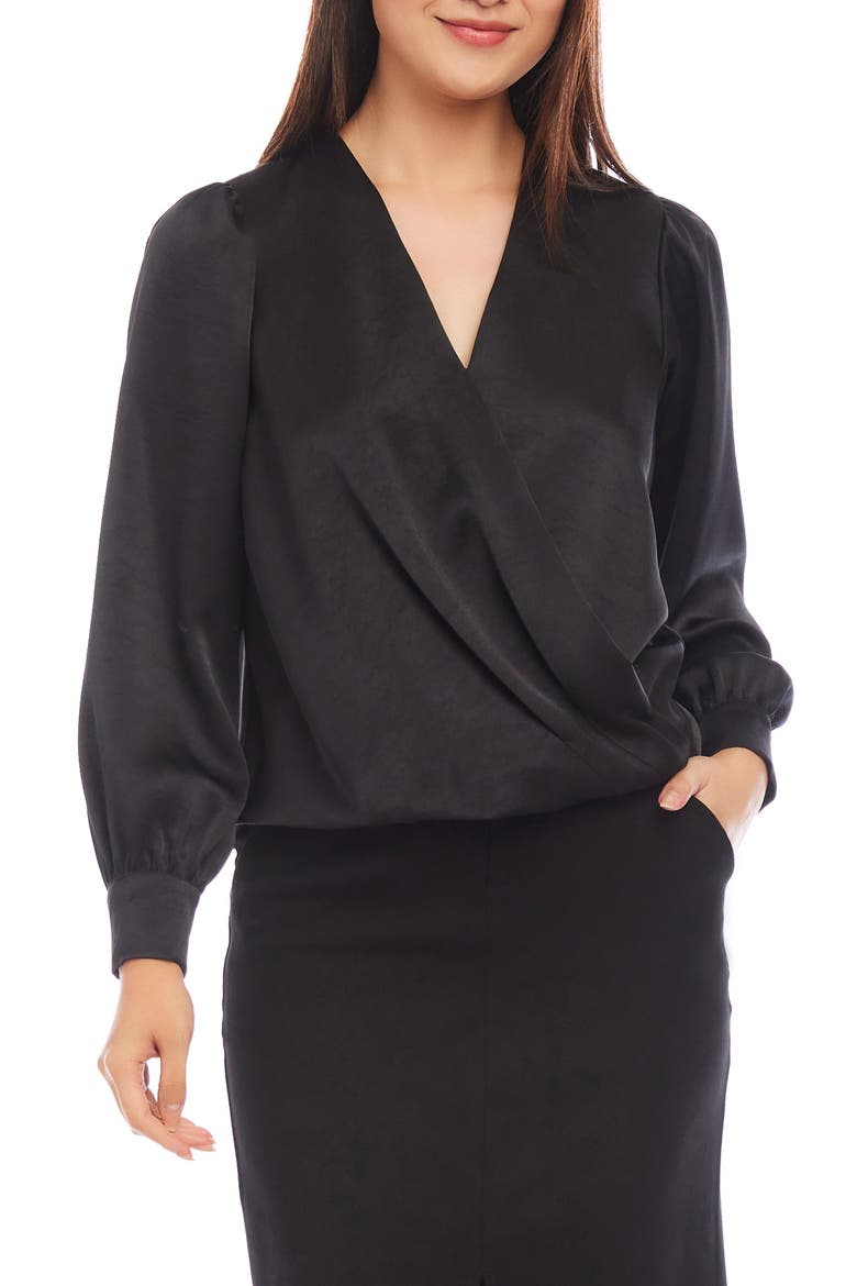 Surplice Drape Front Satin Top, Main, color, BLACK