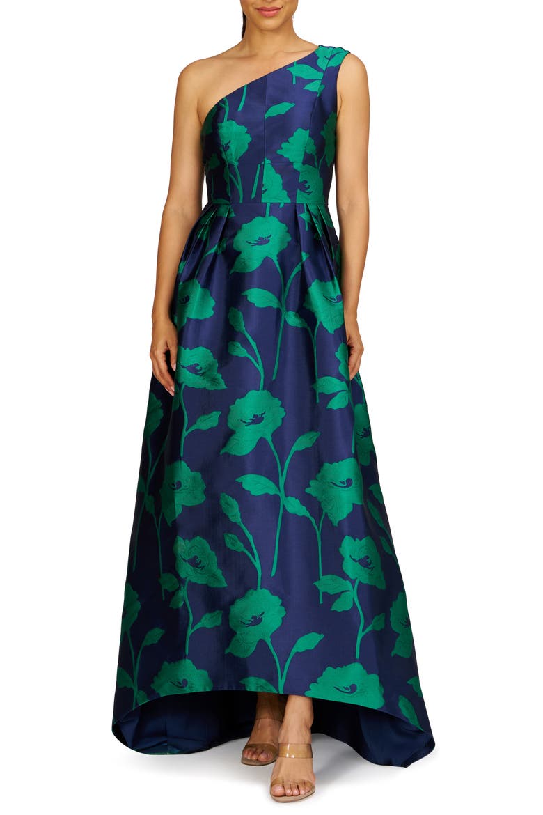Tiara Floral Print One-Shoulder Gown, Main, color, NAVY/ EMERALD