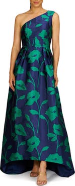 Kay Unger Tiara Floral Print One-Shoulder Gown