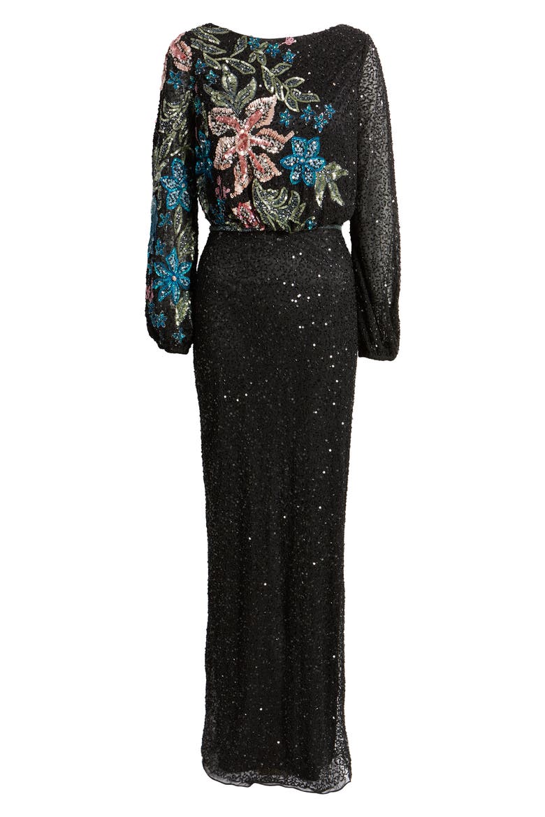 Women's High Neck Blouson Sleeve Sequin Gown, Alternate, color, BLACK MULTI