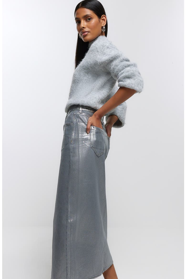 Metallic Coated Cotton Denim Midi Skirt, Alternate, color, GREY