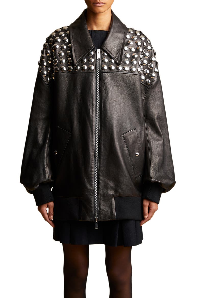 Ziggy Studded Oversize Leather Bomber Jacket, Main, color, BLACK