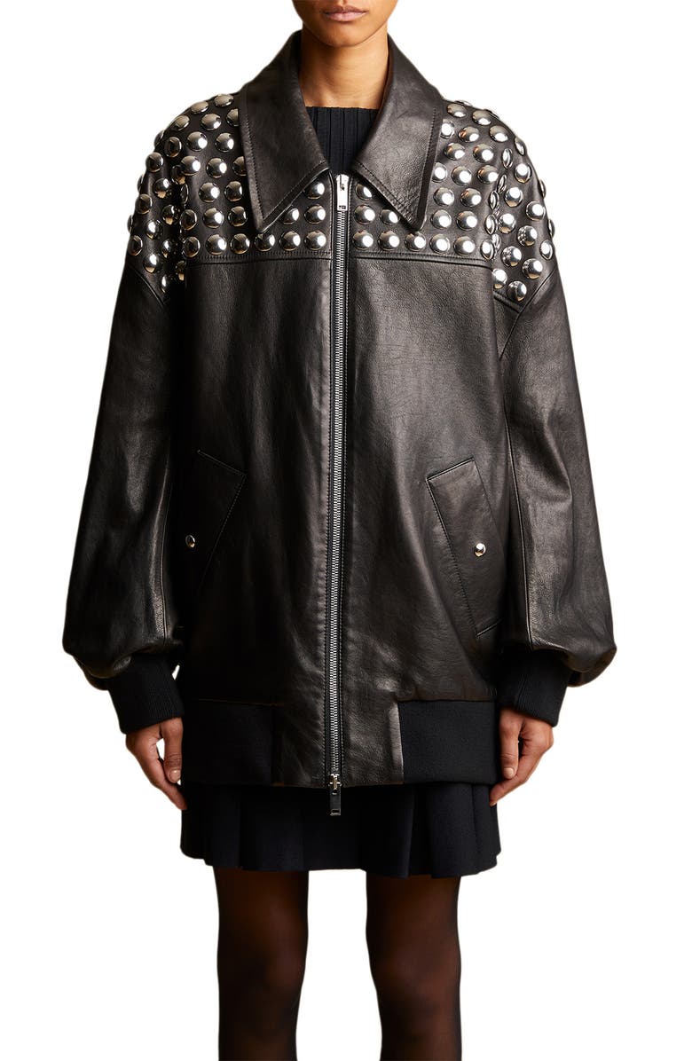 Khaite Ziggy Studded Oversize Leather Bomber Jacket, Main, color, 