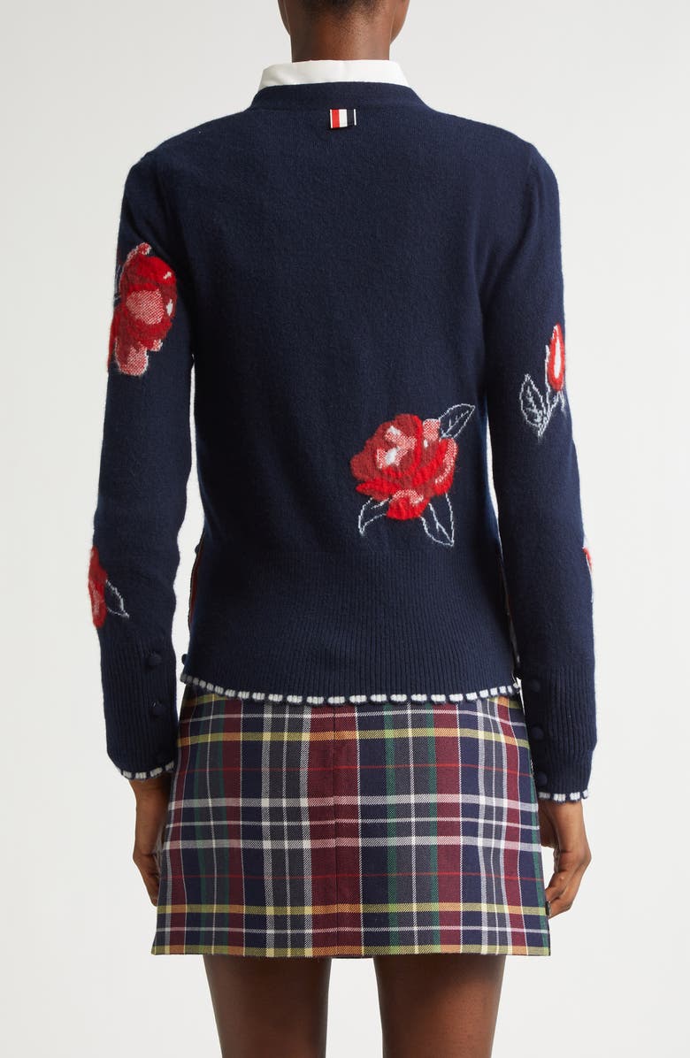 Thom Browne Rose Intarsia Brushed Virgin Wool V-Neck Cardigan, Alternate, color, 