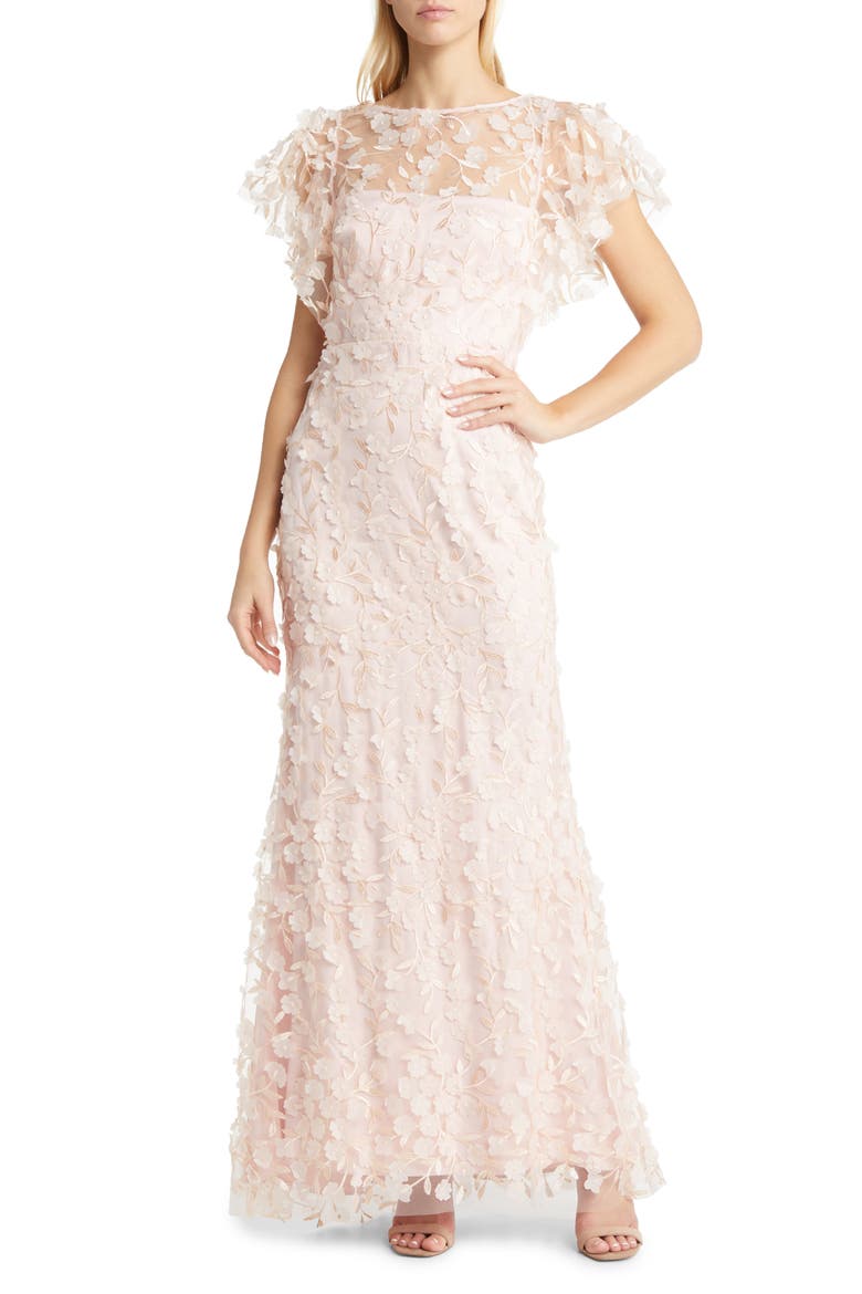 Floral 3D Embroidered Flutter Sleeve Gown, Main, color, BLUSH