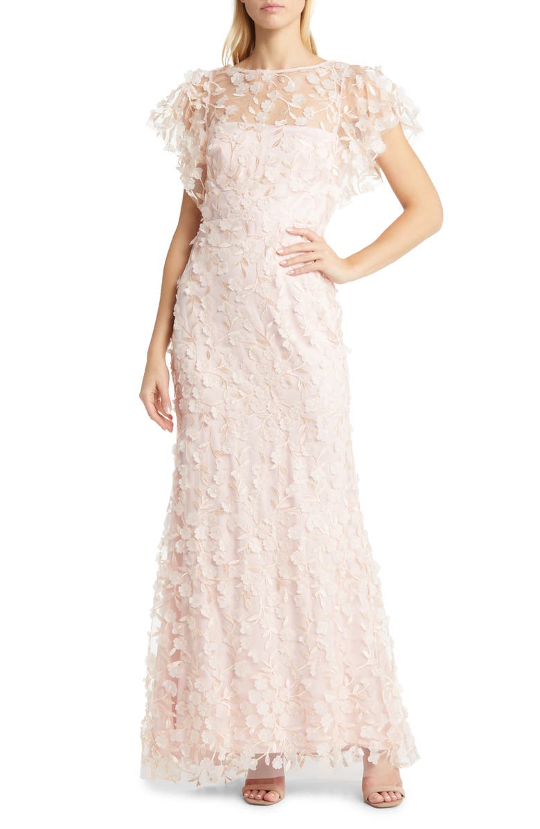 Eliza J Floral 3D Embroidered Flutter Sleeve Gown, Main, color,