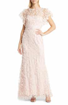 Floral 3D Embroidered Flutter Sleeve Gown