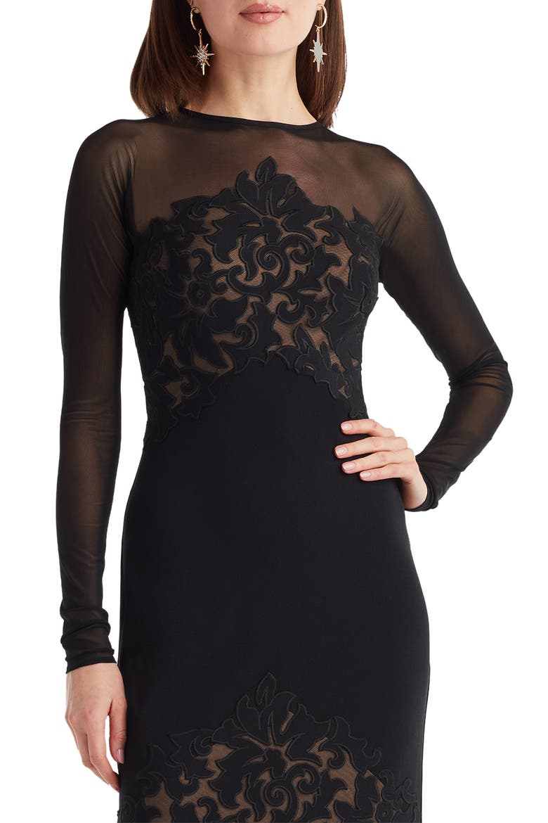Illusion Neck Laser Cut Long Sleeve Mesh Cocktail Dress, Alternate, color, BLACK/ NUDE