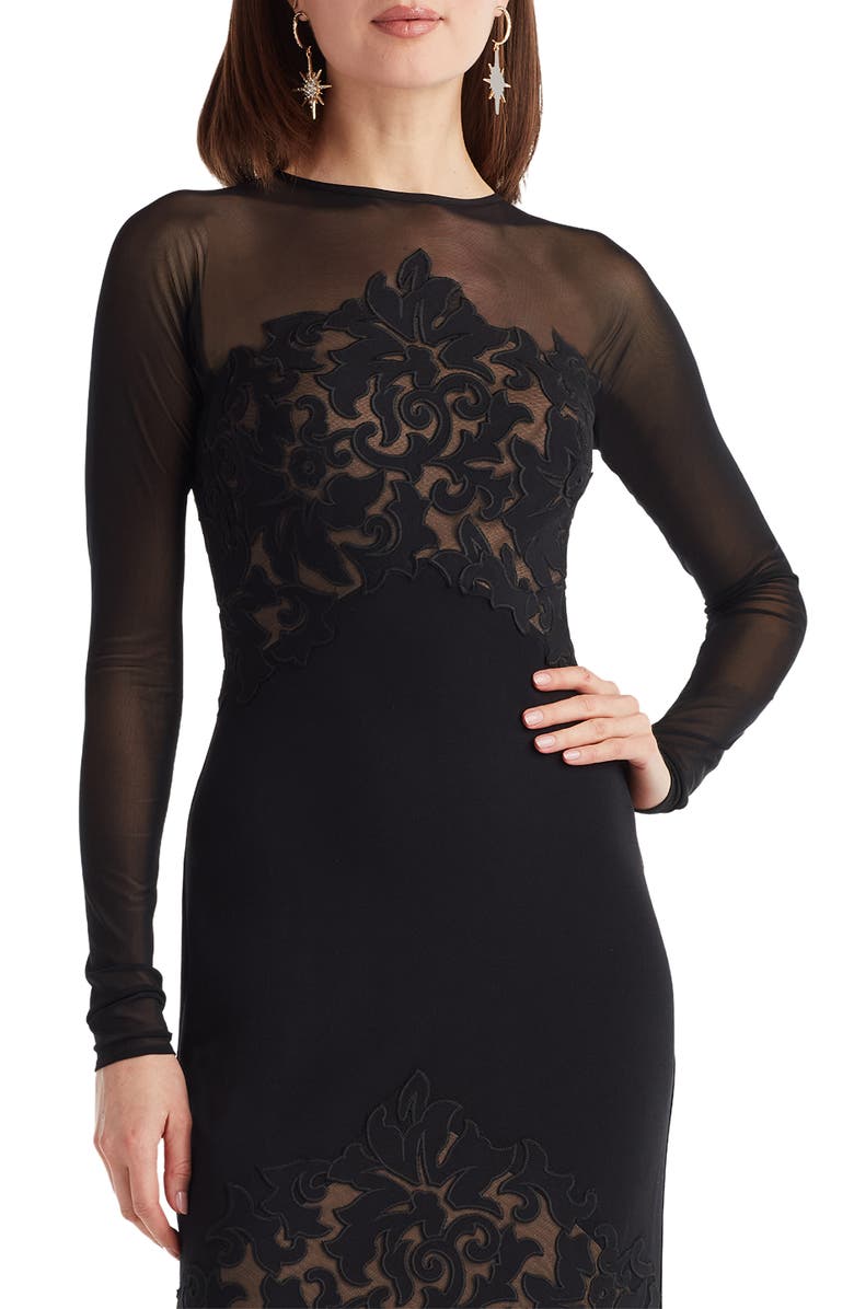 Tadashi Shoji Illusion Neck Laser Cut Long Sleeve Mesh Cocktail Dress, Alternate, color, Black/ Nude