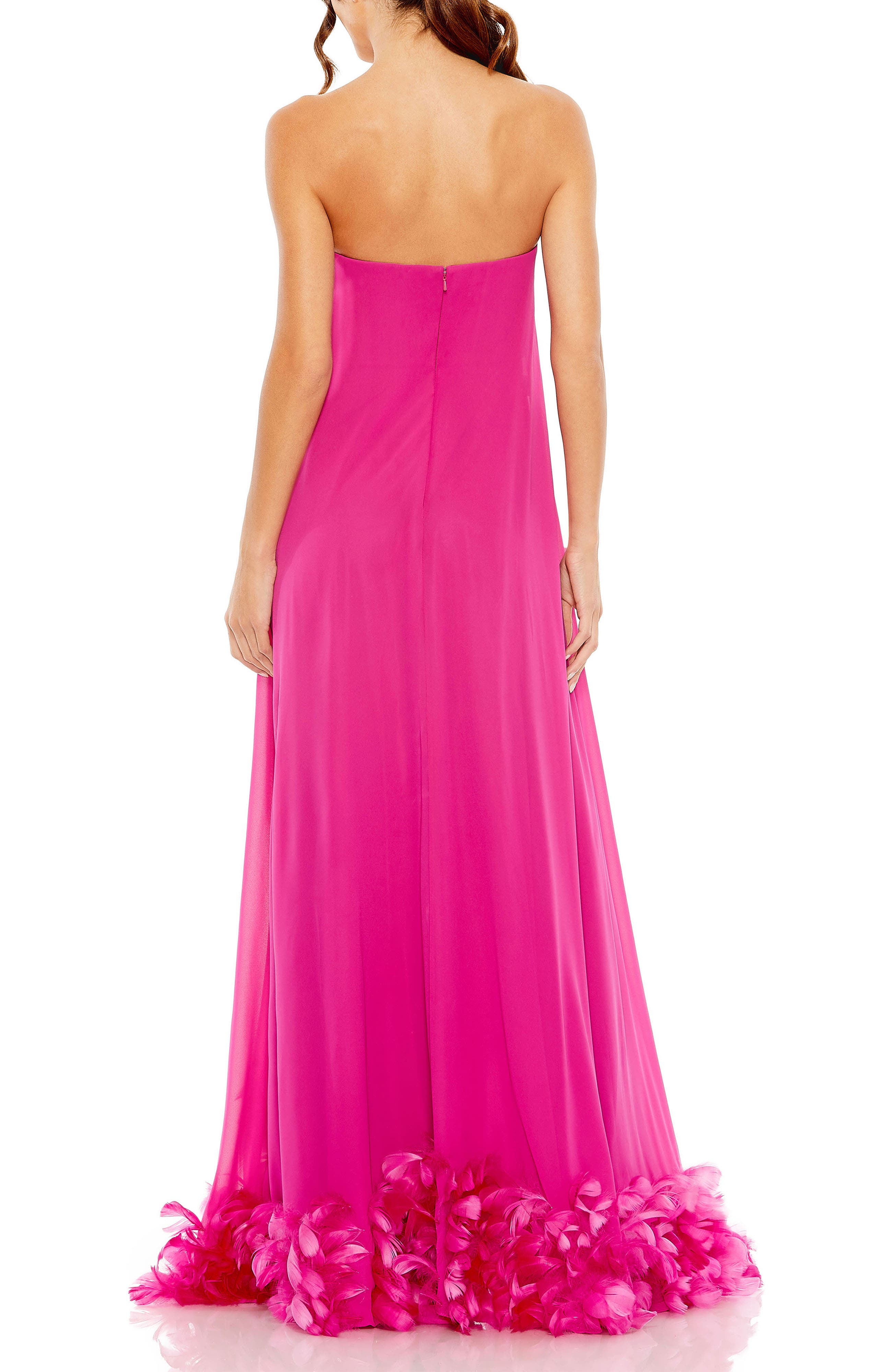 Women's Chiffon Strapless High Low Feather Hem Gown - image 2