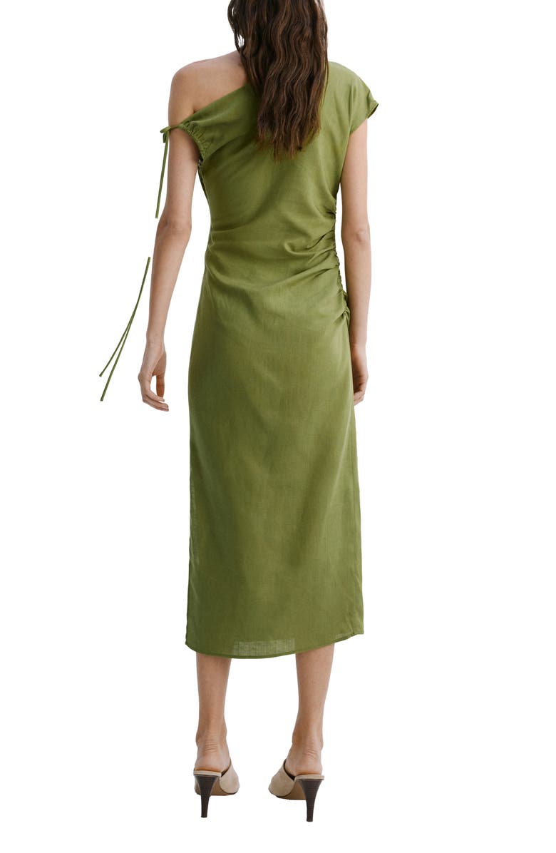 MANGO Side Ruched One-Shoulder Midi Dress, Alternate, color, Green
