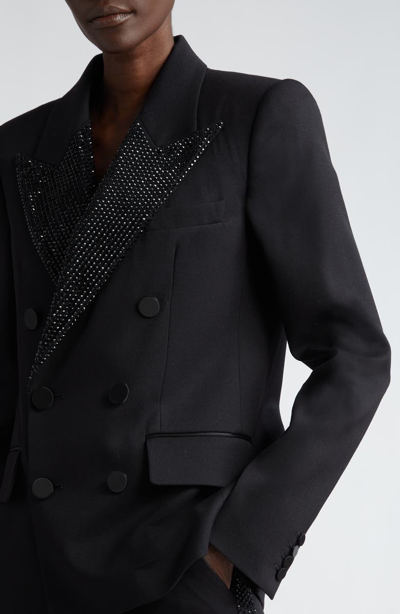 Area Crystal Embellished Double Breasted Stretch Wool Tuxedo Jacket, Alternate, color,
