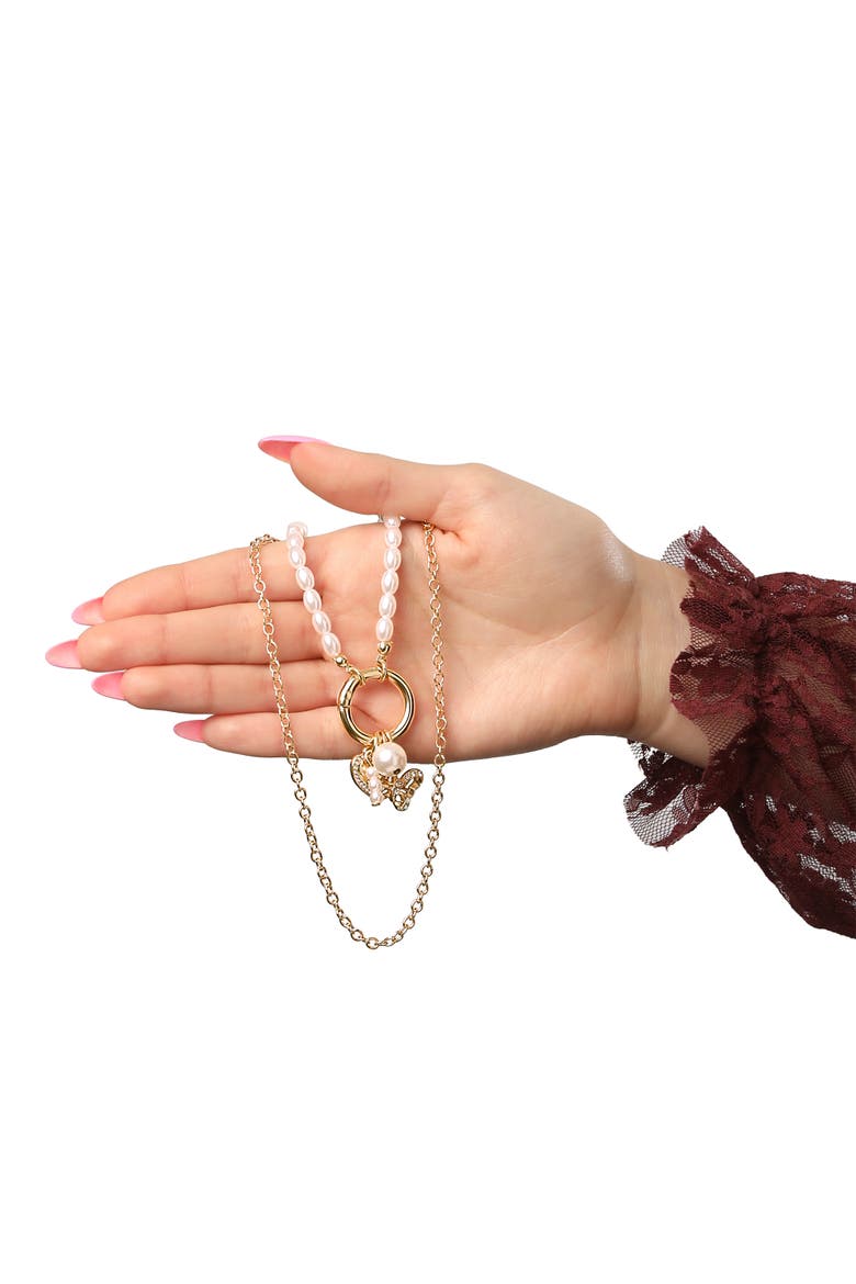 Gold and Pearl Necklace Set for Women 2-Piece, Dangle Charms, Alternate, color, Gold-Tone