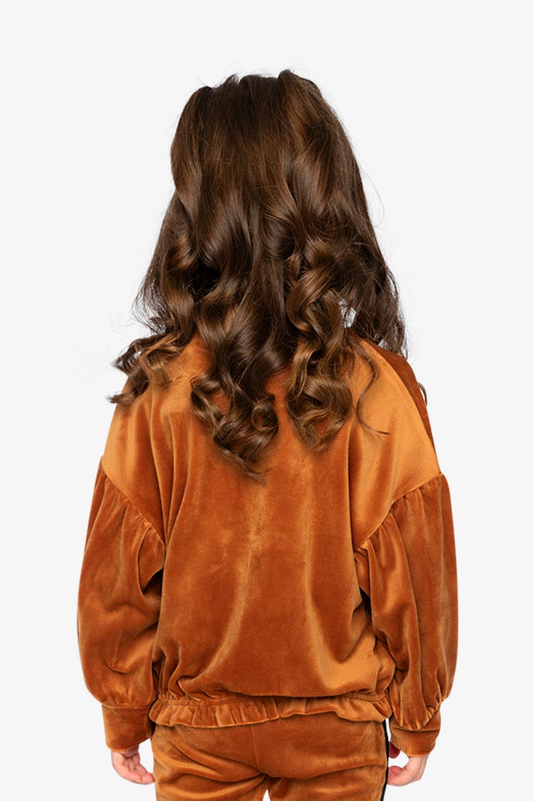 Velvet Shimmer Flower Appliqué Elastic Hem Top, Alternate, color, Brown
