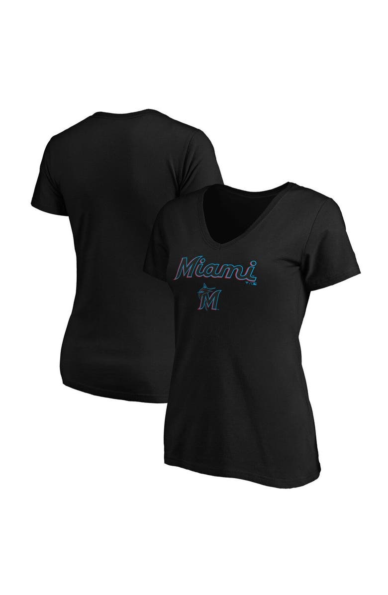FANATICS Women's Fanatics Branded Black Miami Marlins Team Logo Lockup V-Neck T-Shirt, Main, color, 